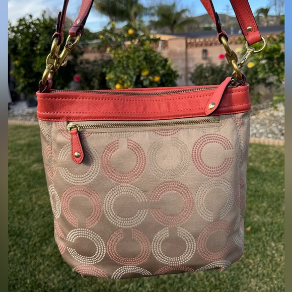 Coach Ashley Dotted Op Art Hippie Beige And Coral Shoulder Crossbody Bag #F20088 - Picture 7 of 16